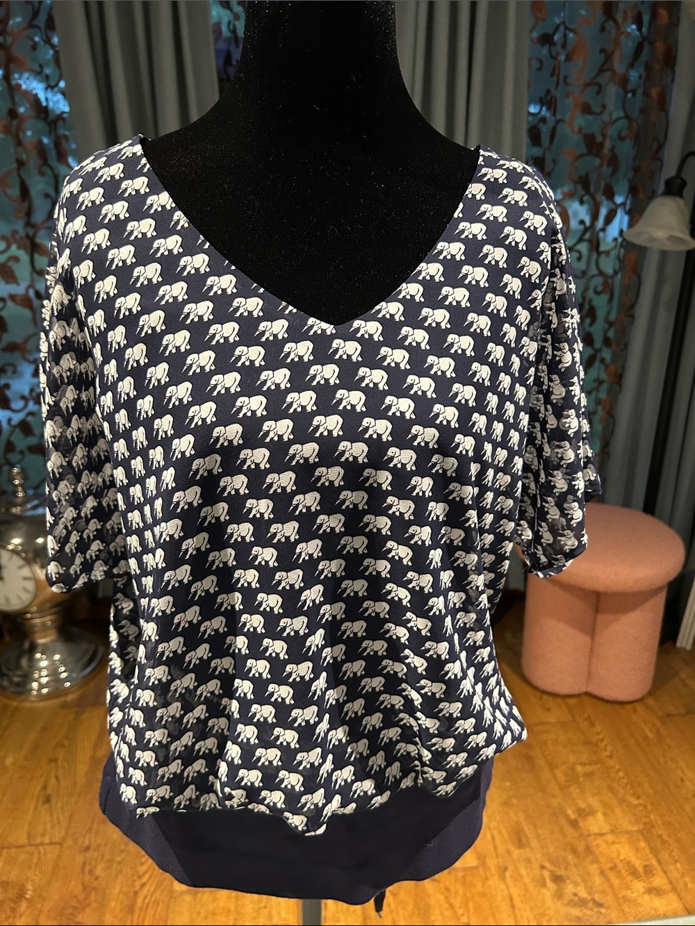 CAbi Navy and White Elephant-Print V-Neck Short Sleeve Top